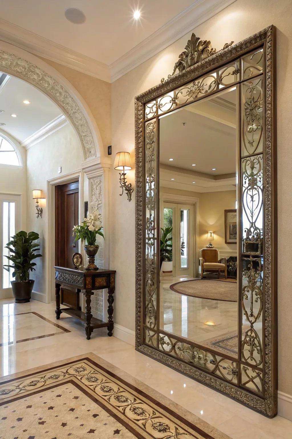 A decorative mirror bounces light, enlarging this entryway.