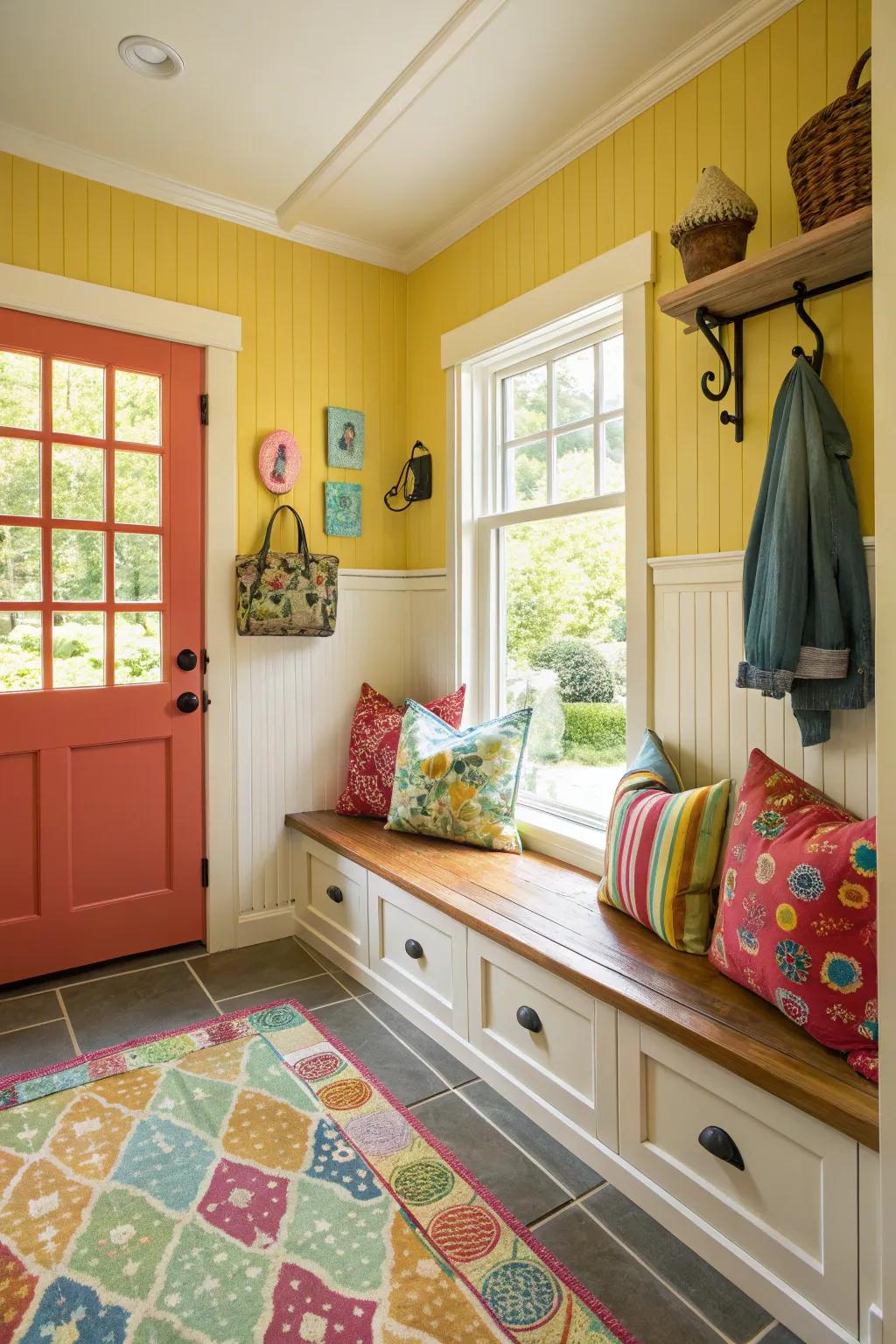 Vibrant colors make this mudroom a lively entryway.