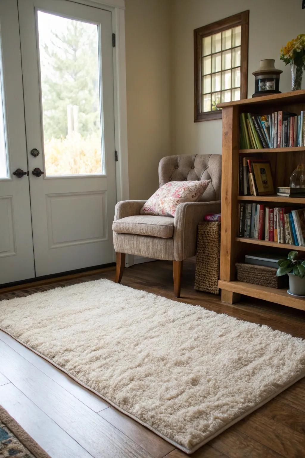 A plush rug crafts a cozy, inviting alcove in your entryway.