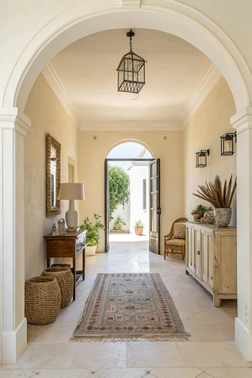 An entryway with pale cream walls, which establishes a bright and breezy vibe.