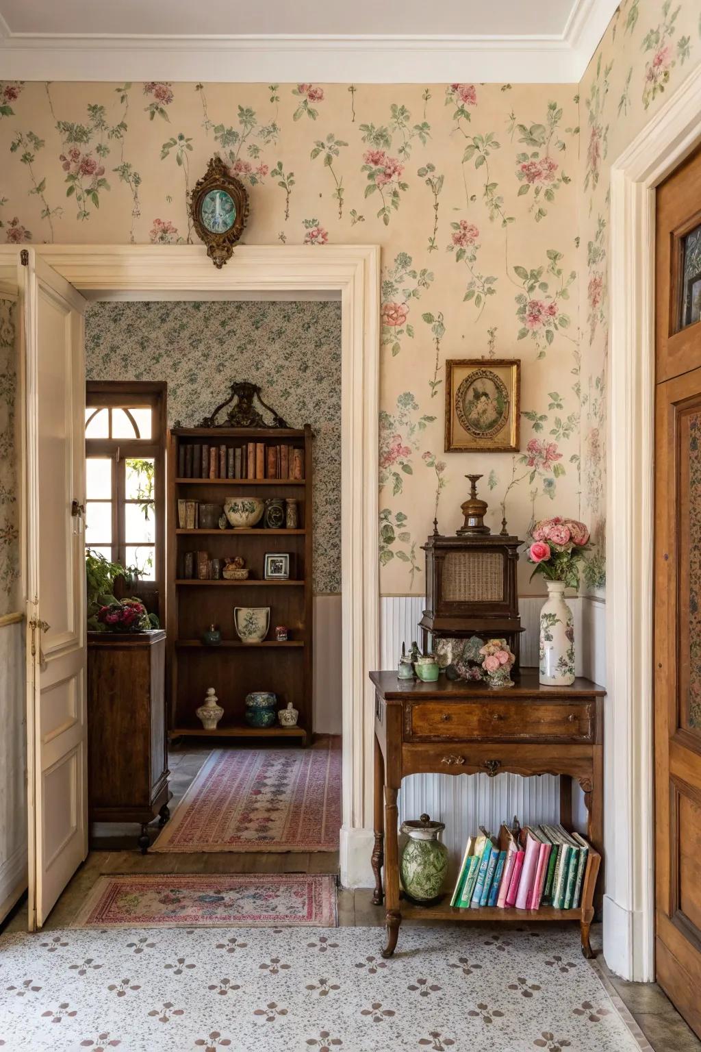 Charming entryway with vintage wallpaper evoking nostalgia.