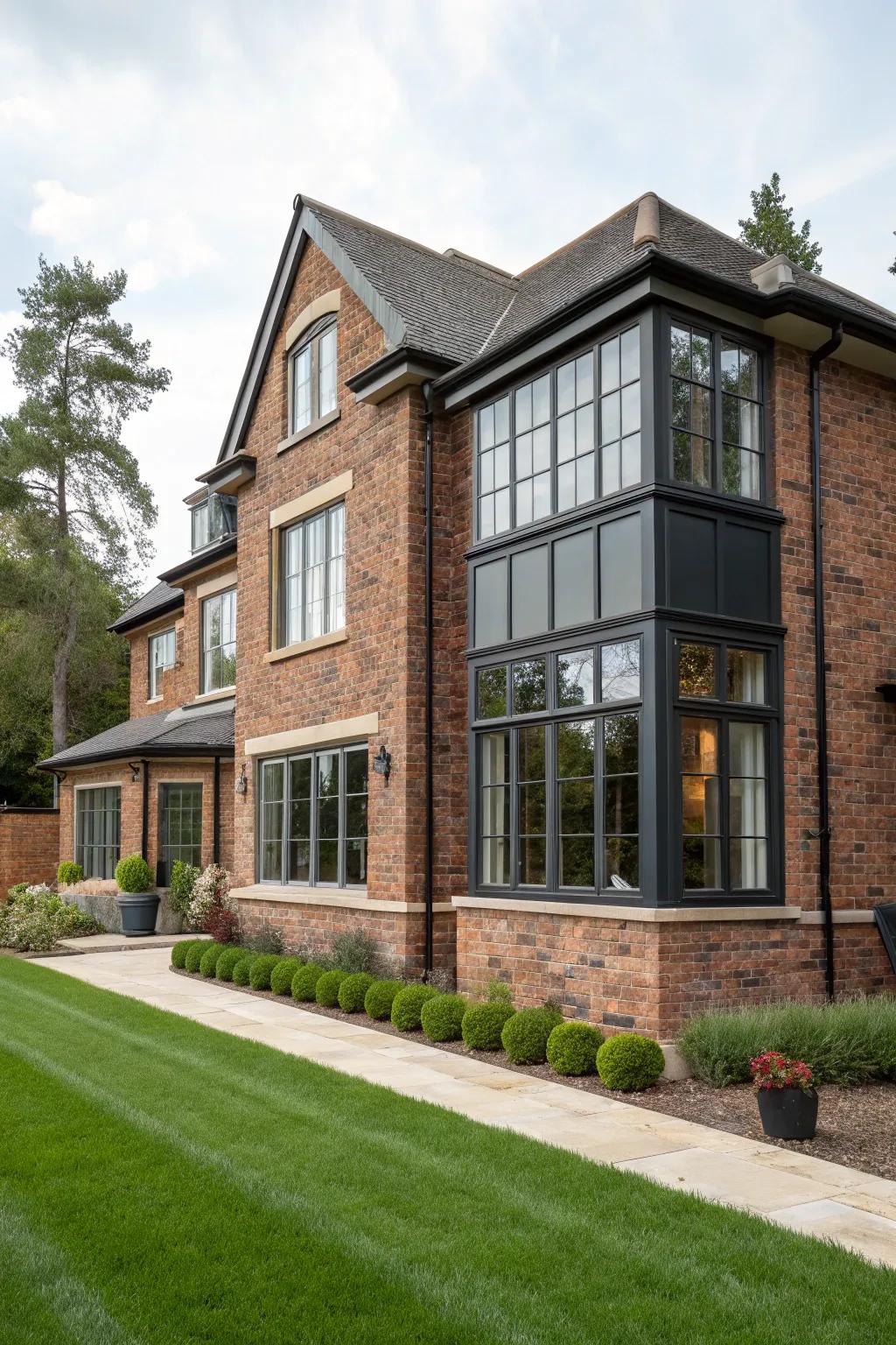 Distinct window styles can modernize a brick facade.