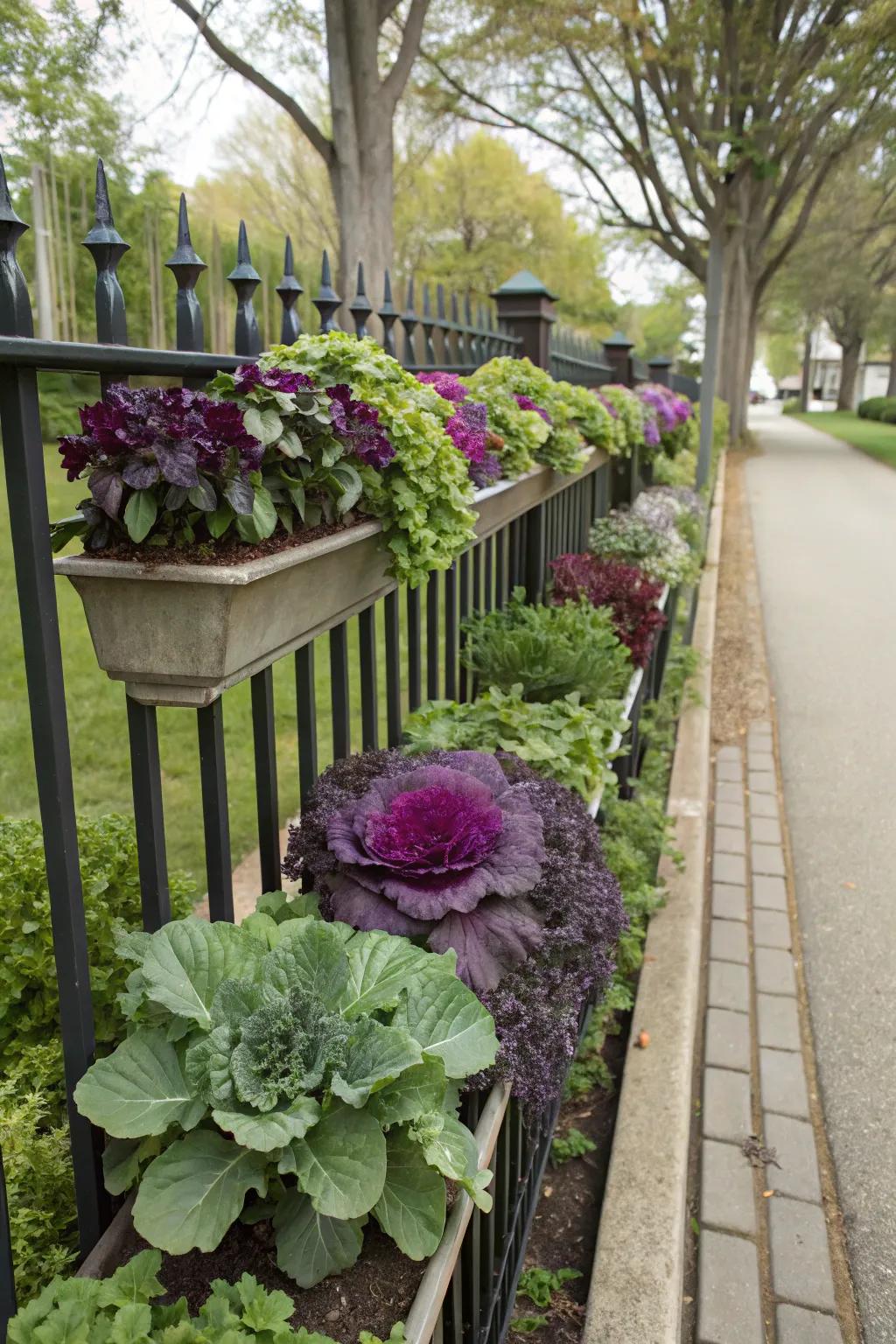 Seasonal botanicals within vessels append a sprig of verdancy to the fence.