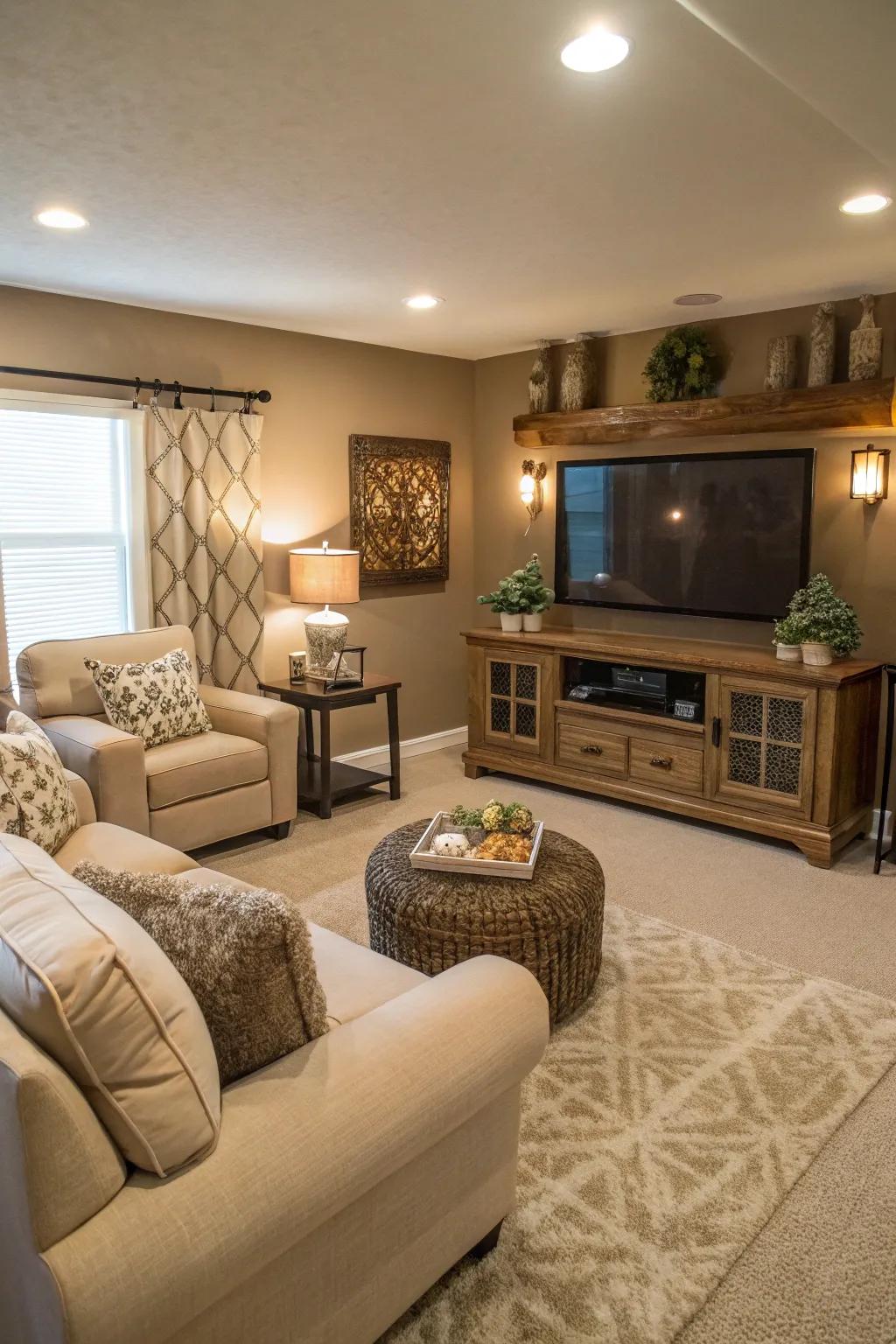 Restrained shades establish a peaceful and inviting ambiance in the family space.