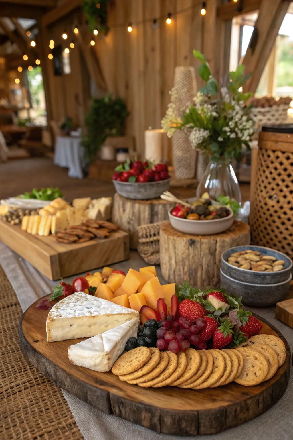 A rustic grazing table offers a delicious and visually appealing snack option.