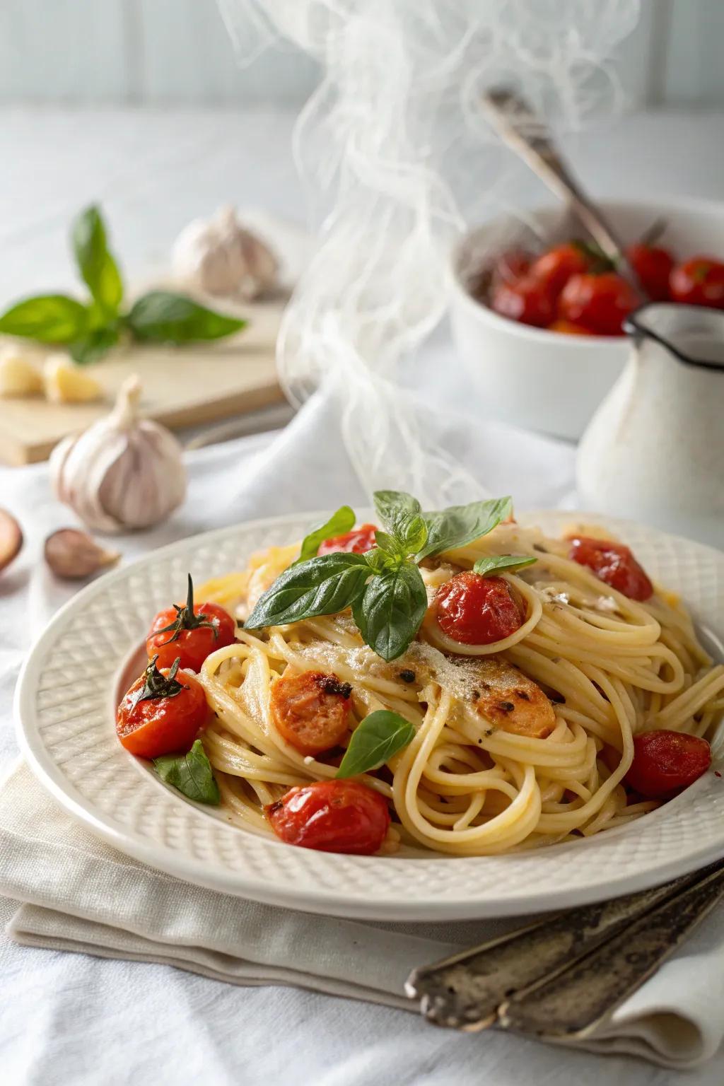 Roasted tomato and basil pasta, a classic dish that evokes pure comfort.