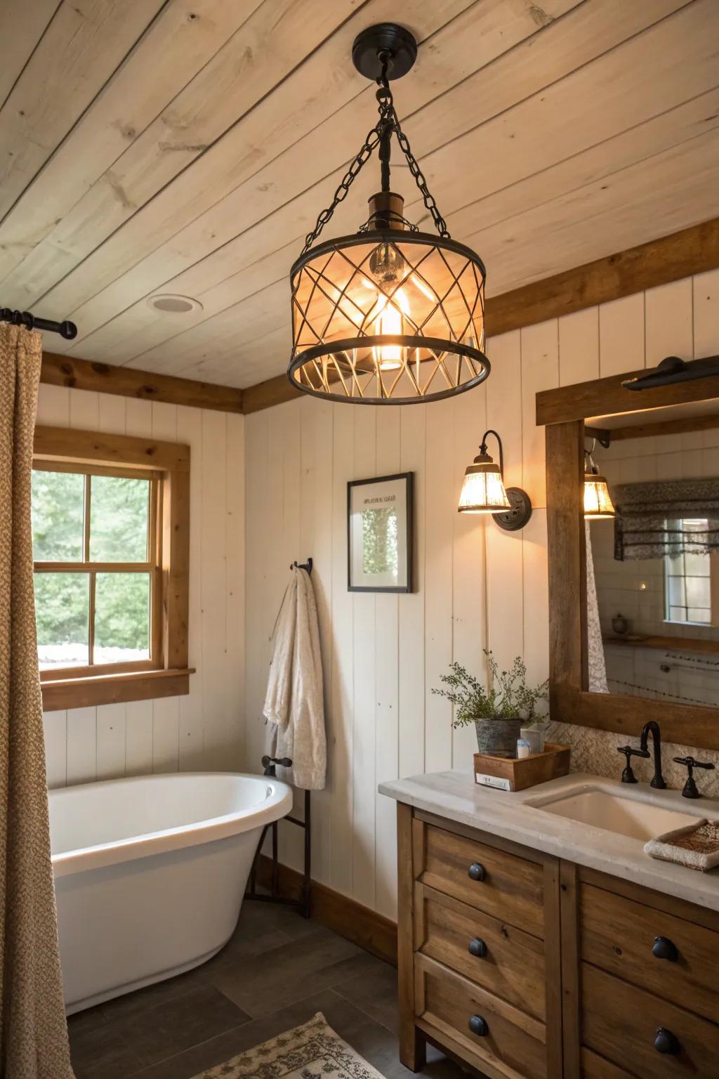 Hanging light fixtures contribute a hint of sophistication to a farmhouse bathroom.
