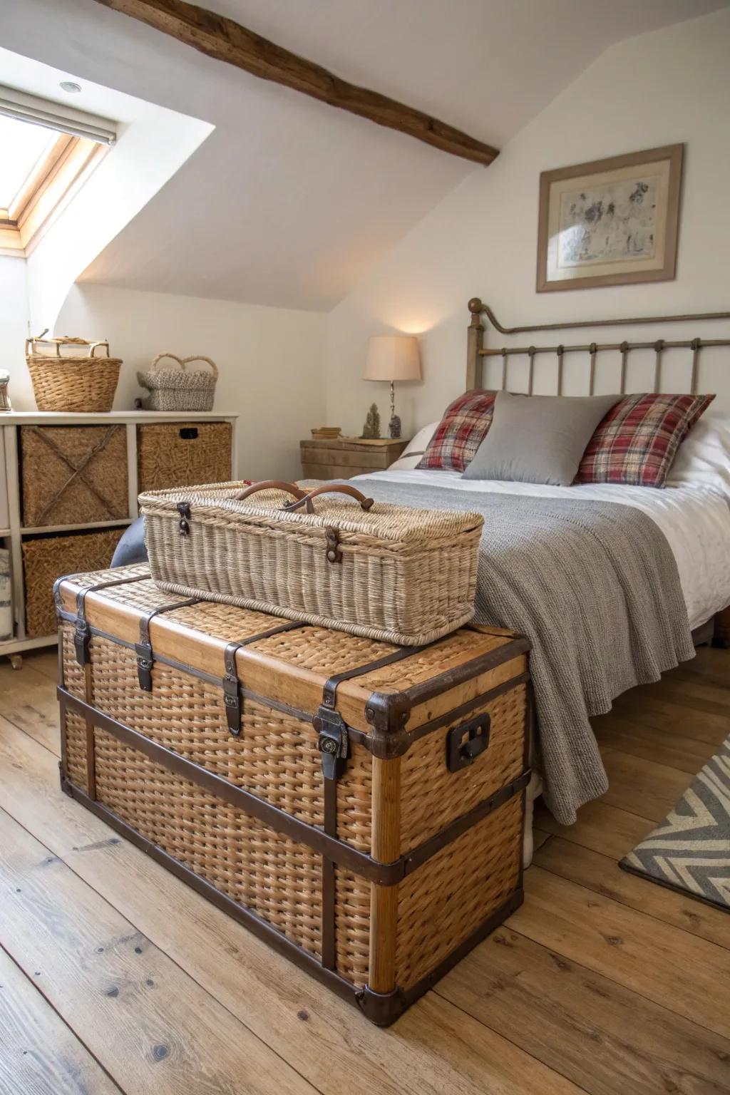 Wicker and chests introduce practical appeal to the bedroom.