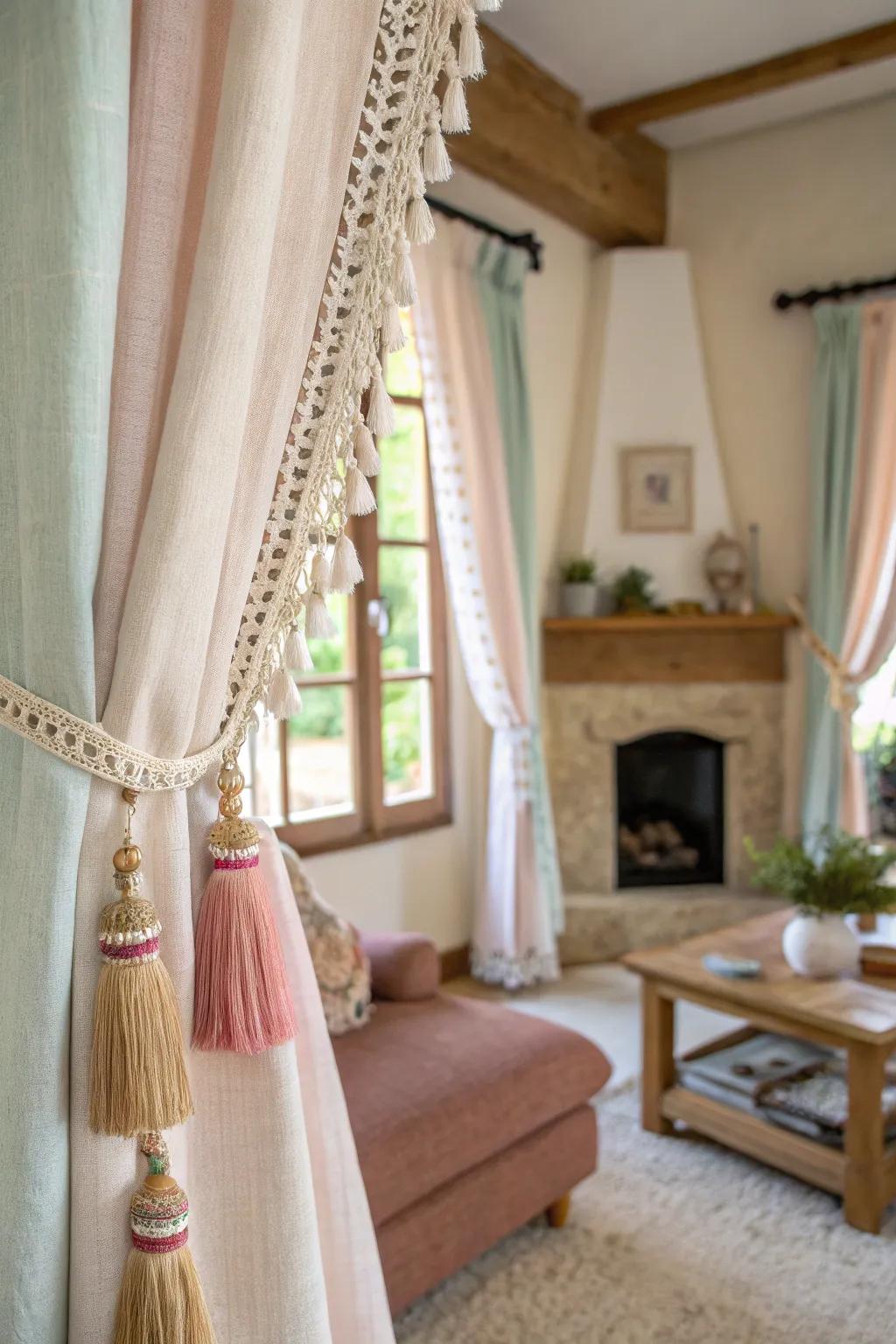 Farmhouse curtains adorned with decorative tassels in a quaint living room.