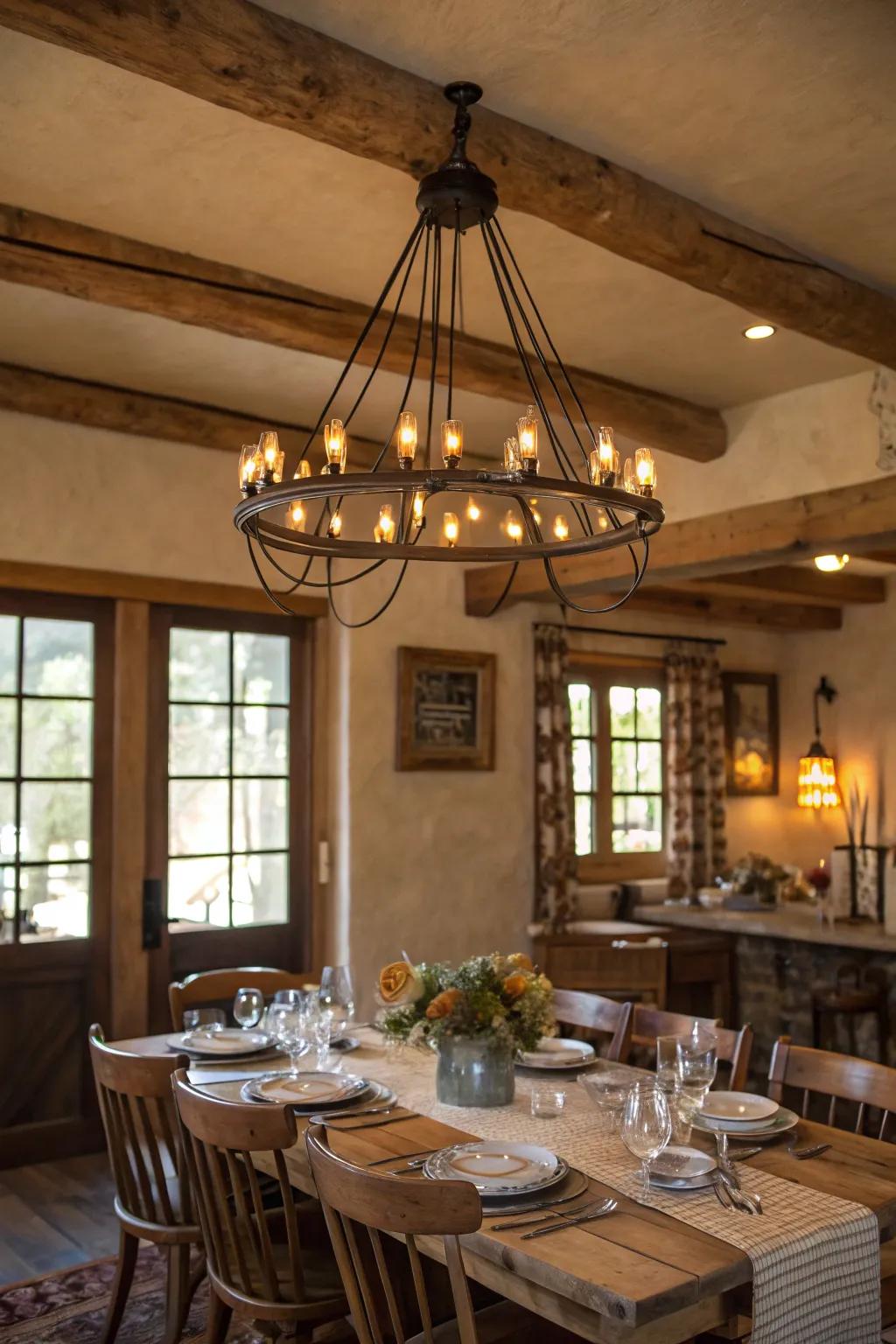 A chandelier with filament bulbs casts a warm glow over this farmhouse dining space.
