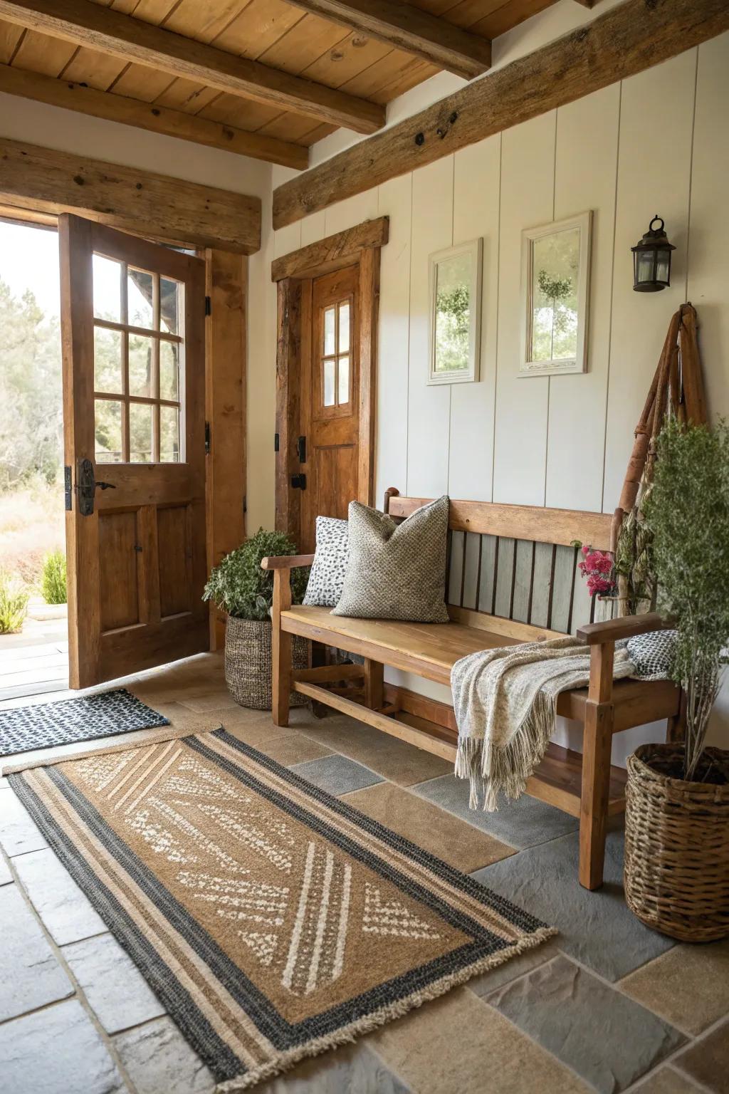 Layered rugs add texture and coziness to the entryway.