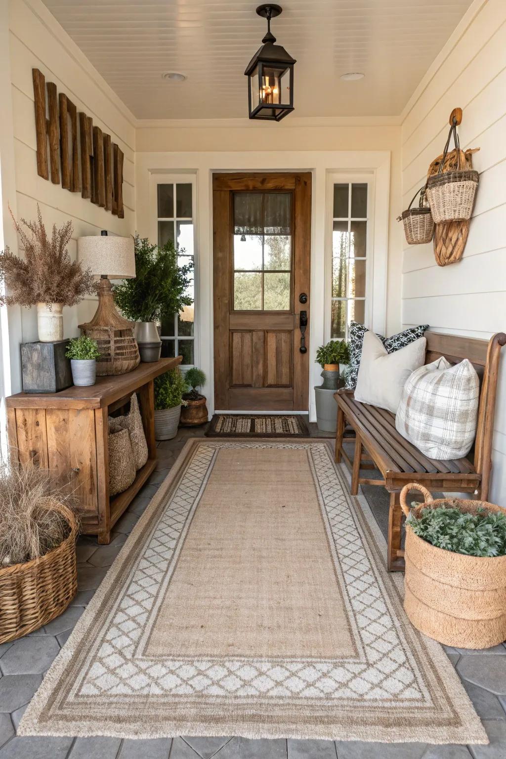 An appealing entryway enhanced with a farmhouse style rug.