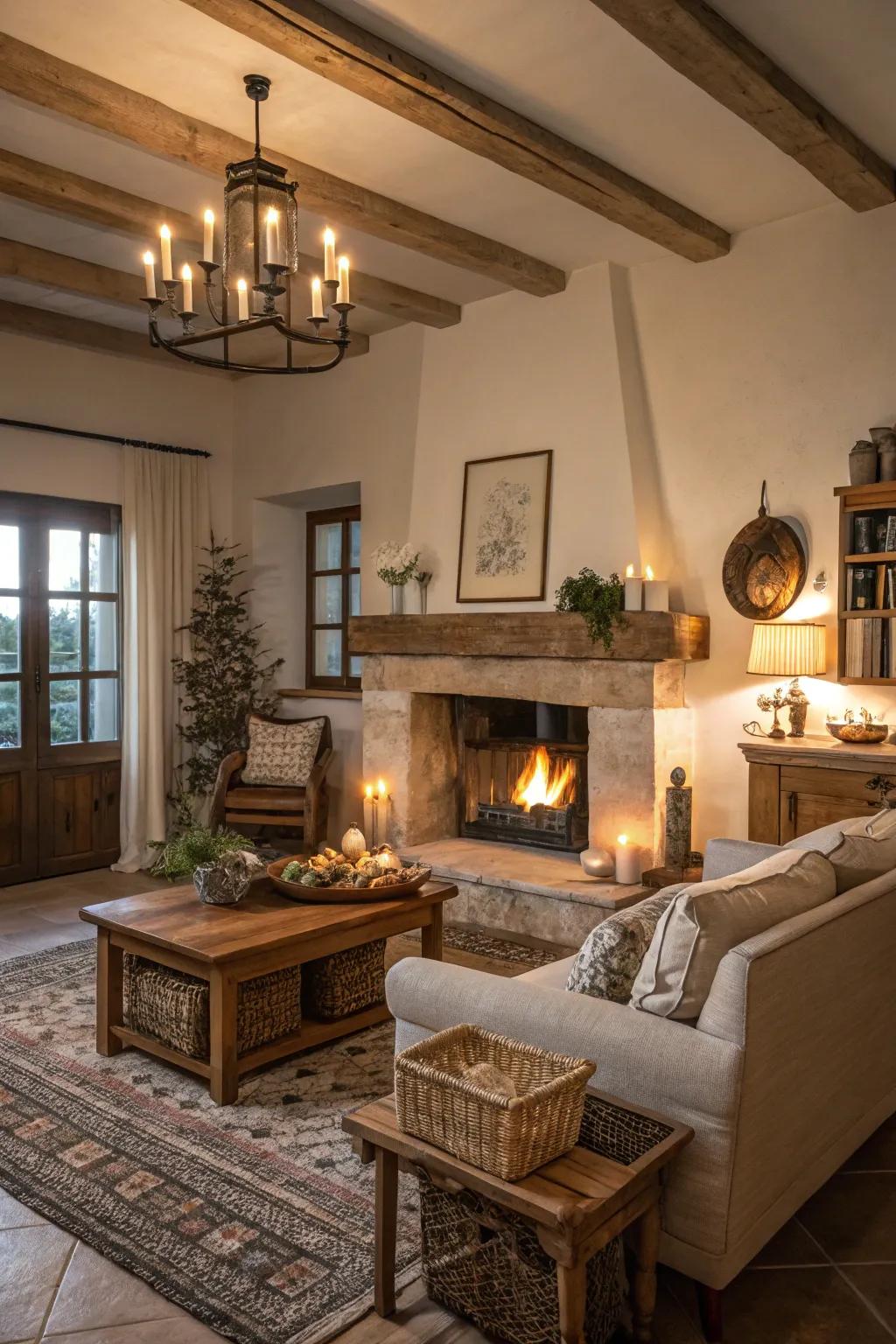 Cordial illumination heightening the snugness of a farmhouse fireplace.