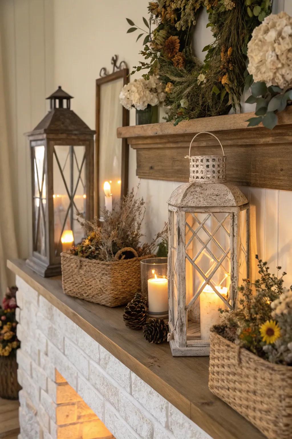Rustic lanterns provide a warm, inviting glow to the mantel.