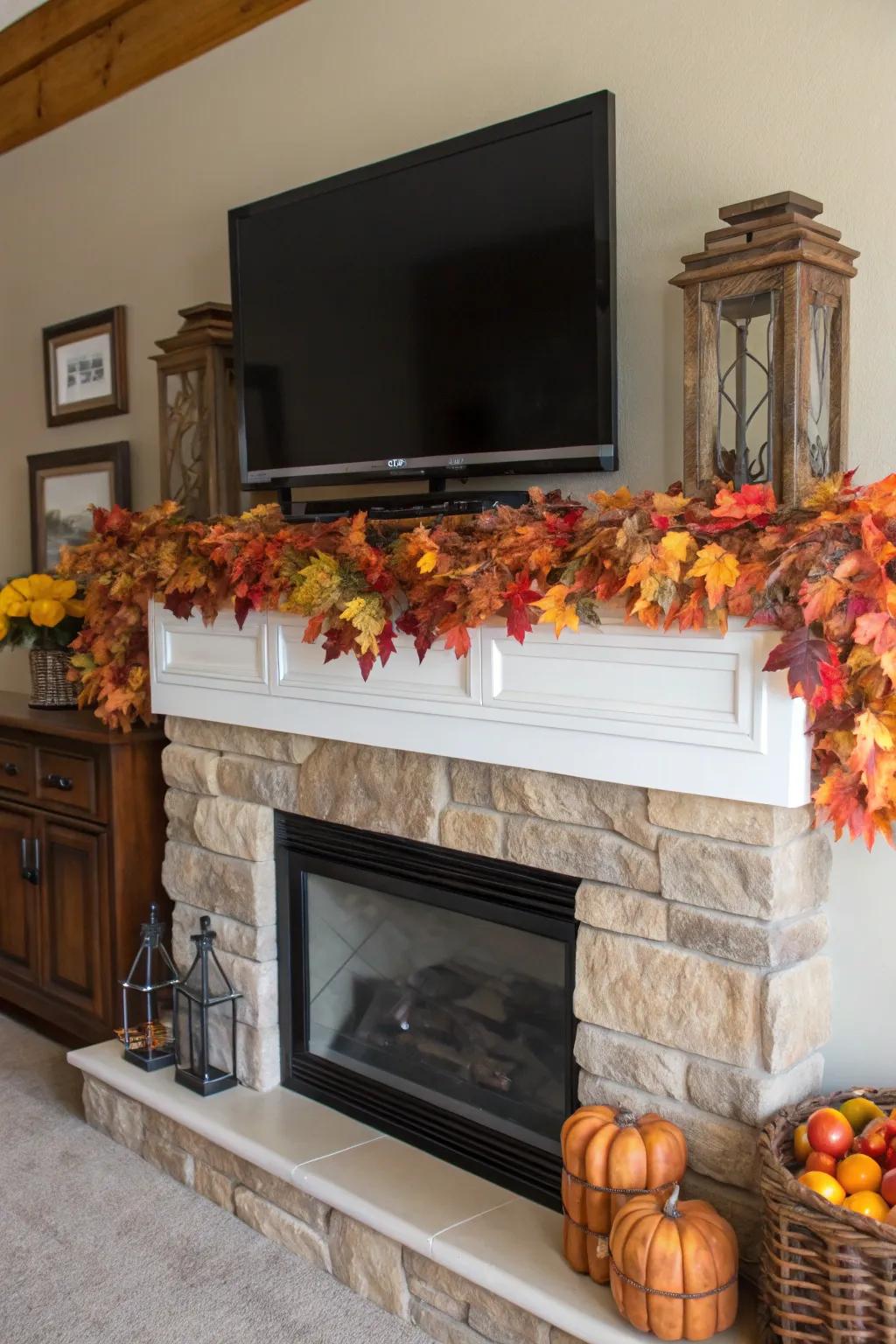 A farmhouse mantel beneath a TV, showcasing seasonal styling for a festive impression.