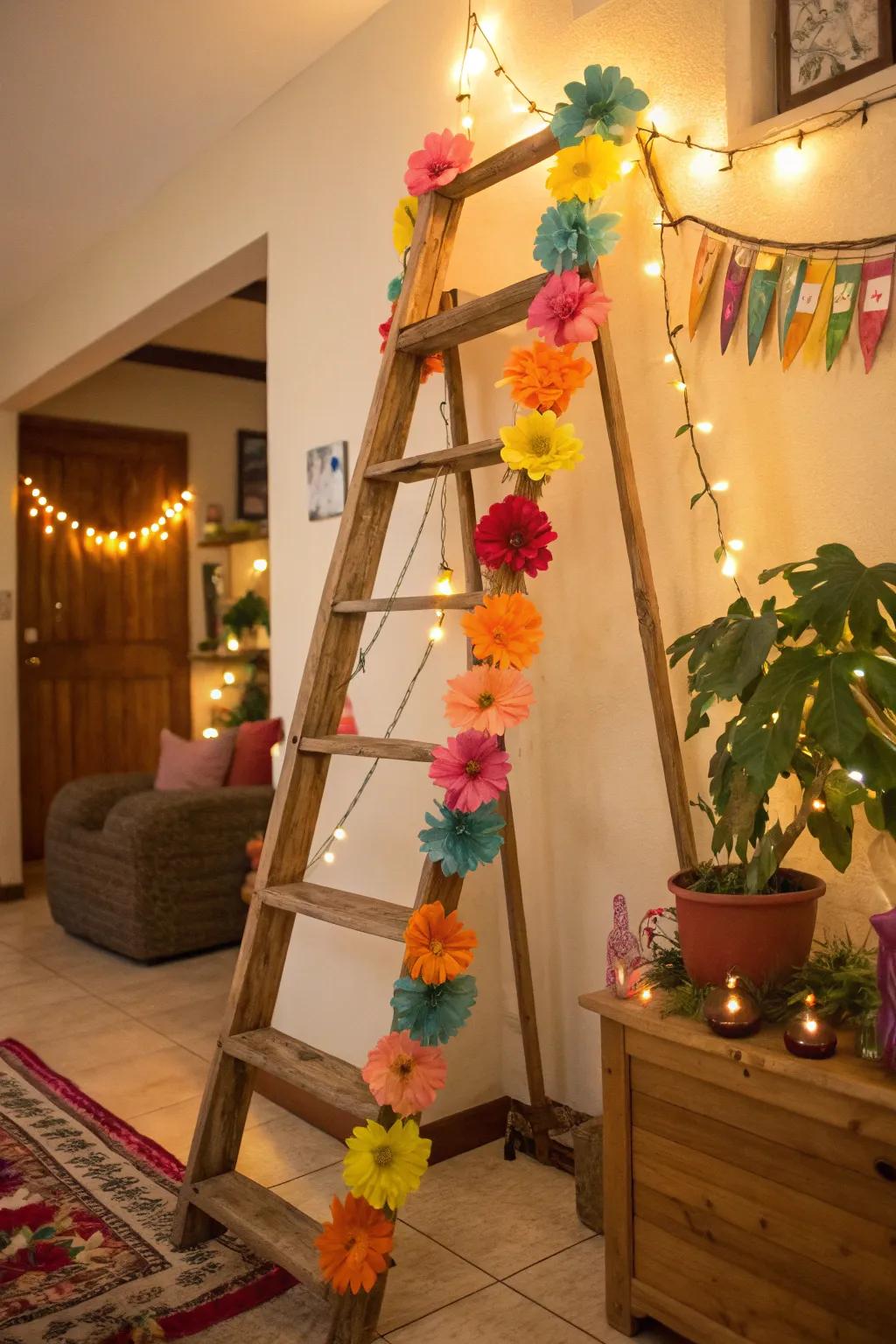 Banners draped artistically over a ladder