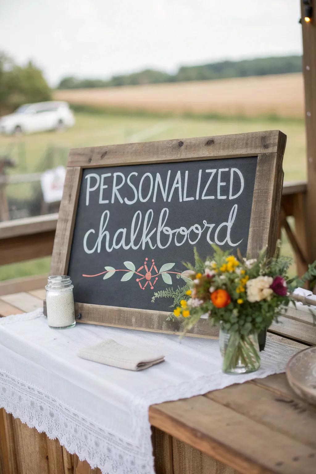 A personalized chalkboard indicator contributes an endearing, welcoming gesture to your table.