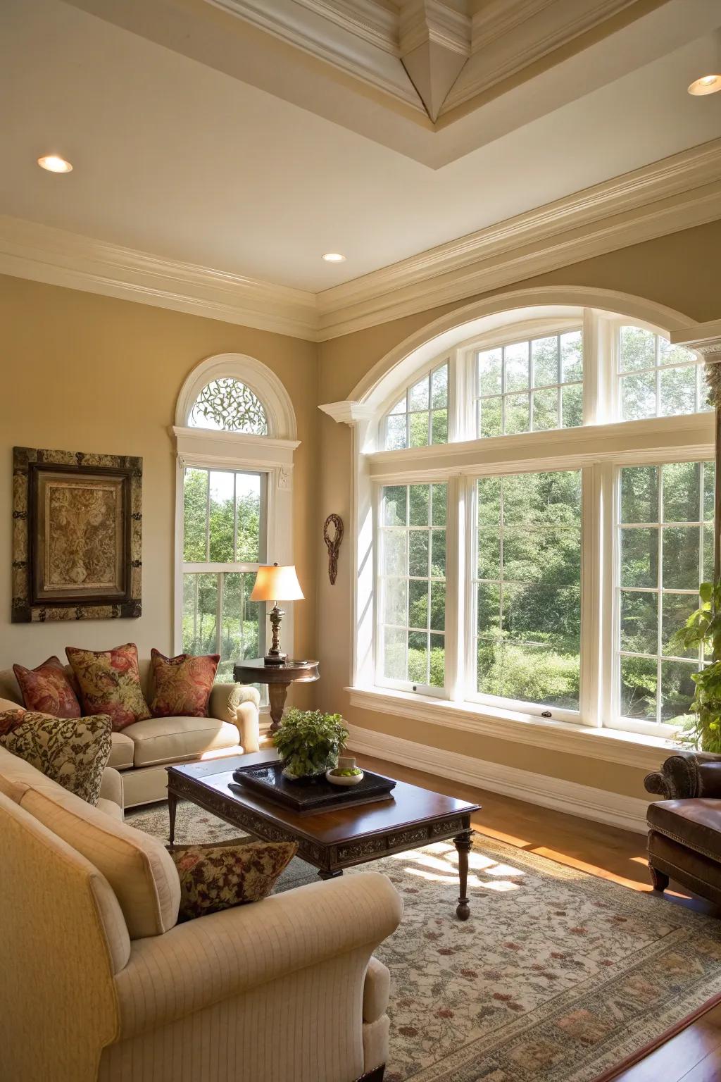 Grand window frames using faux crown molding.