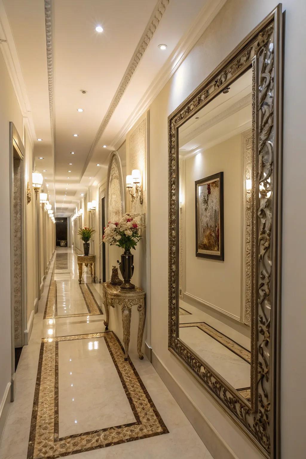 Mirrors create the illusion of more space in this hallway.