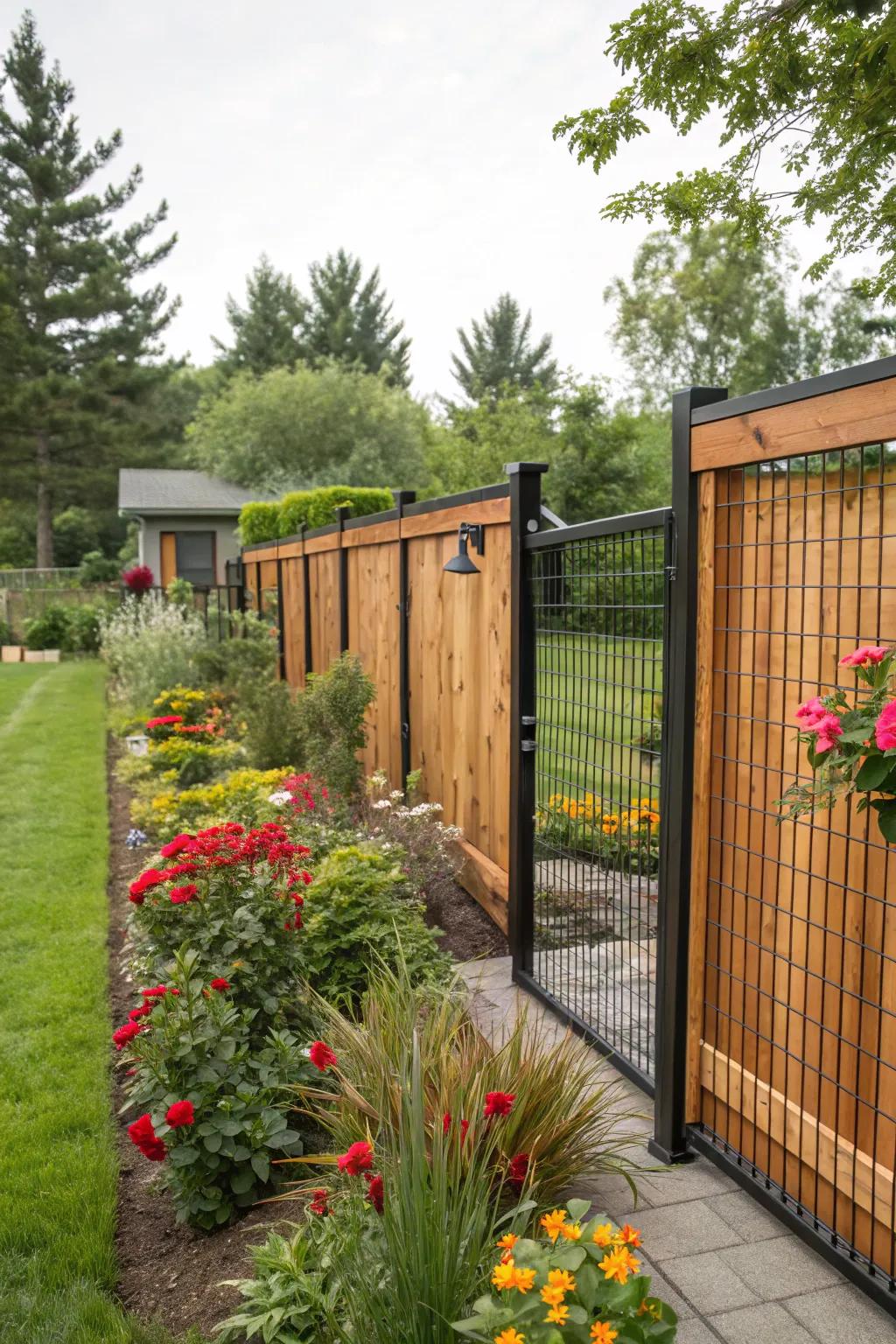 A mix of timber and metal materials makes a unique fence design.