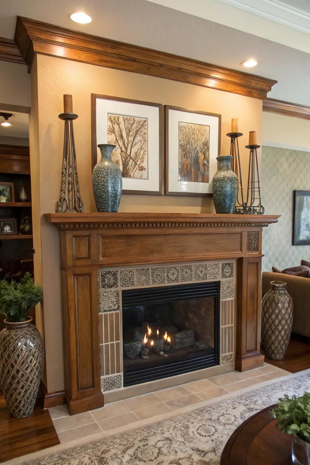 A fusion of styles delivering a distinctive twist to the mantel decor.
