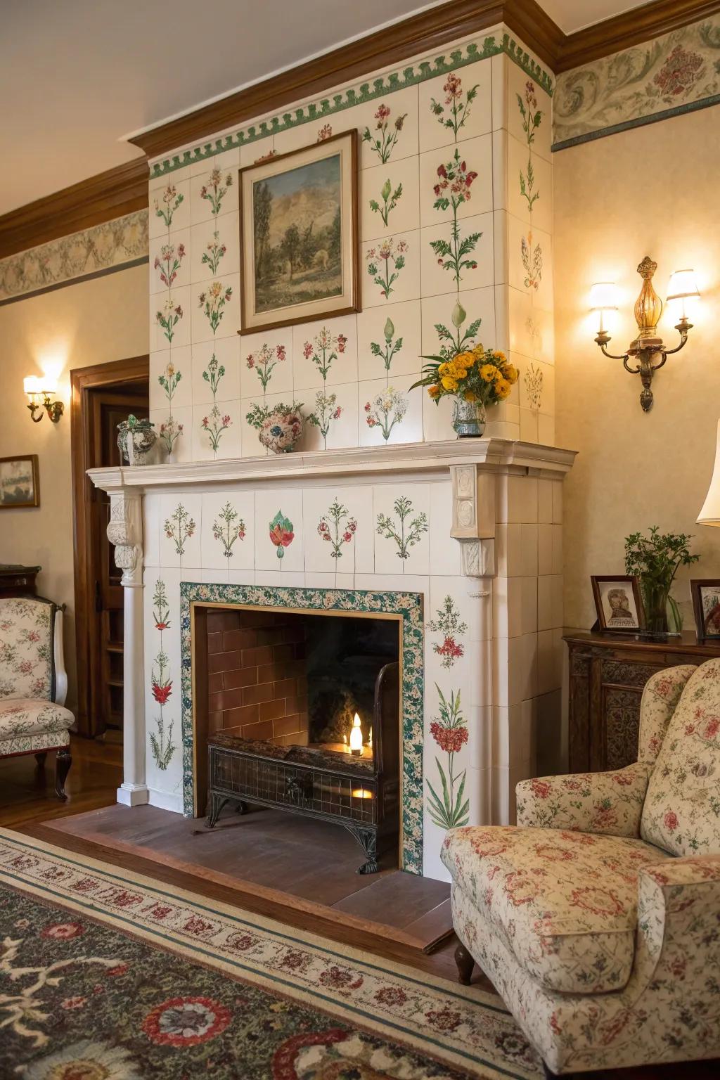 Each piece of hand-painted cladding transforms this fireplace into an unparalleled work of art.