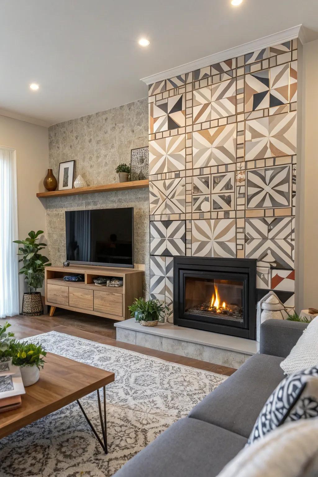 Geometric tiles infuse a modern alteration to this fireplace wall.