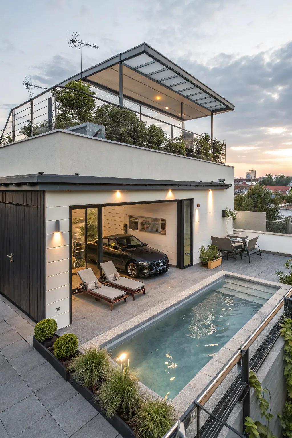 A rooftop plunge pool on a flat roof garage is the height of luxury living.
