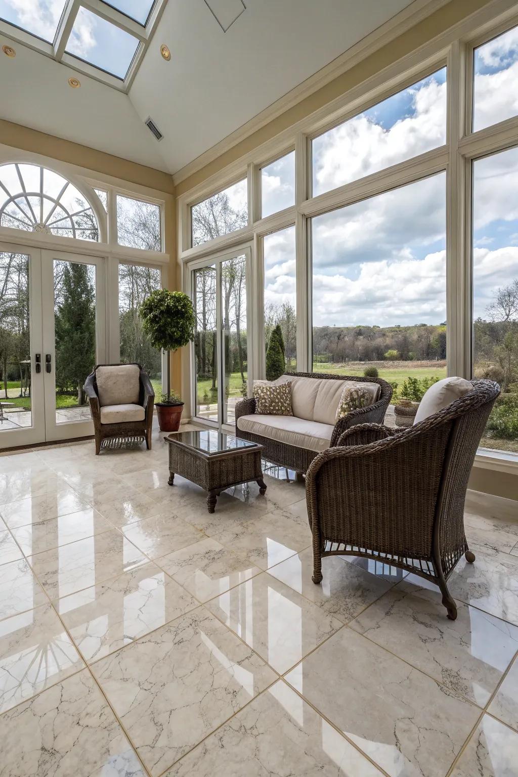 Sumptuous sunroom showcasing enameled tile flooring.