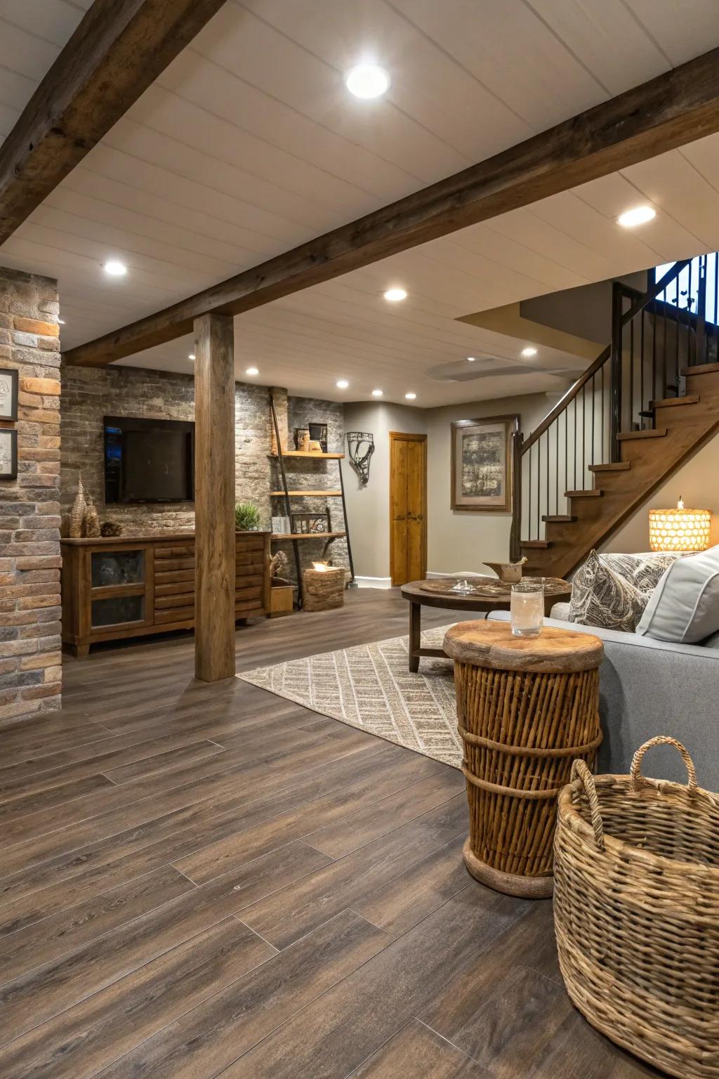 Wide plank vinyl flooring blends country charm with modern design.