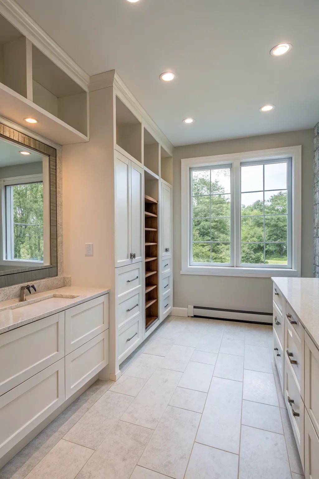 An open layout develops a sense of spaciousness inside the bathroom.
