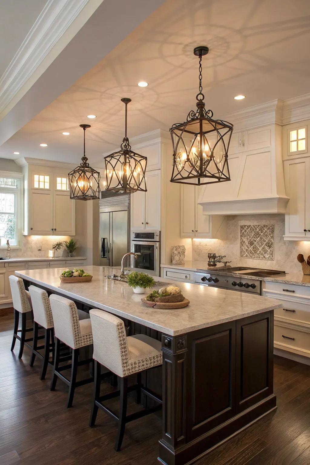 Ornamental lighting that serves as a focal point in a stylish kitchen.