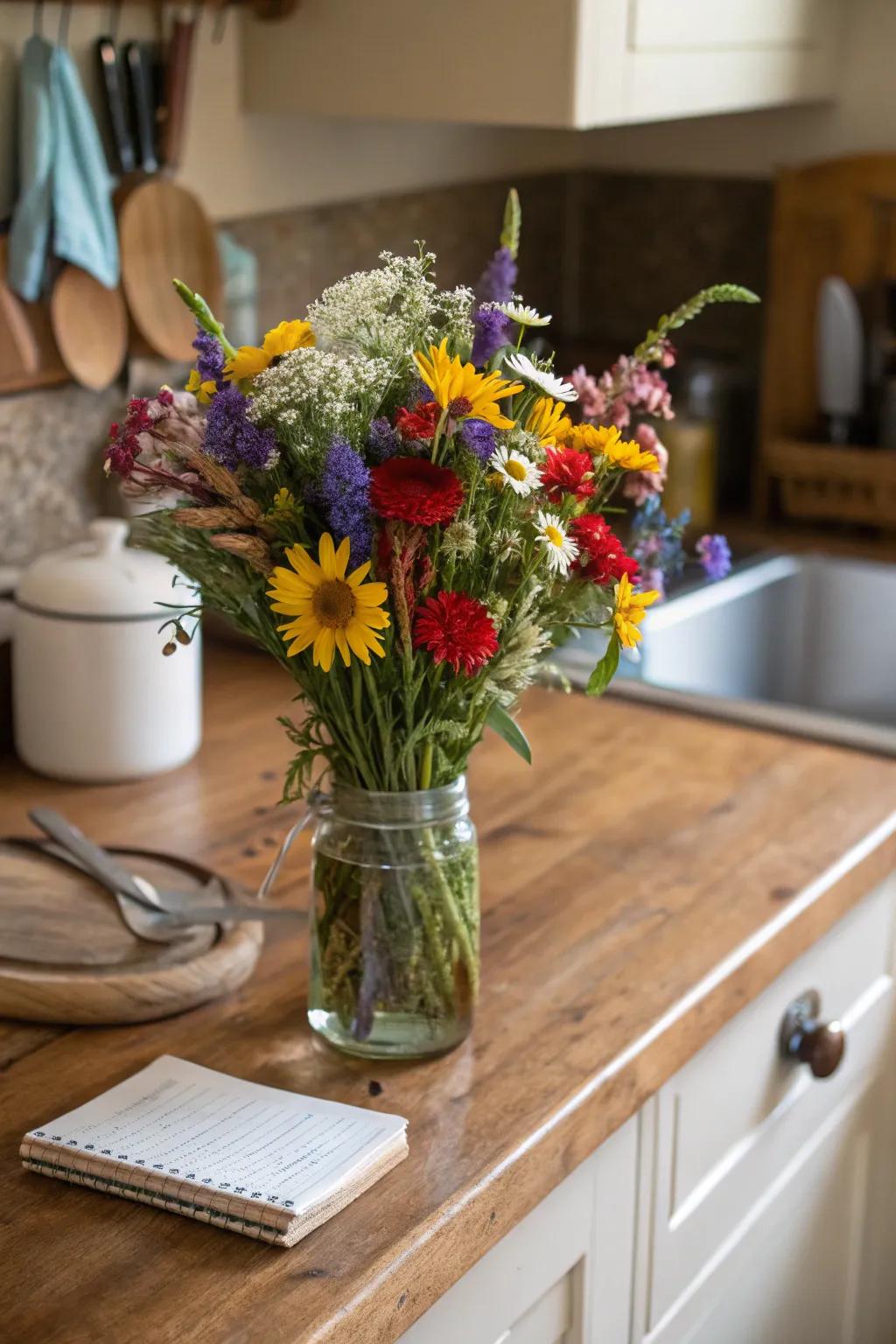 A rustic flower bouquet enhancing the cozy allure of a country-style kitchen.