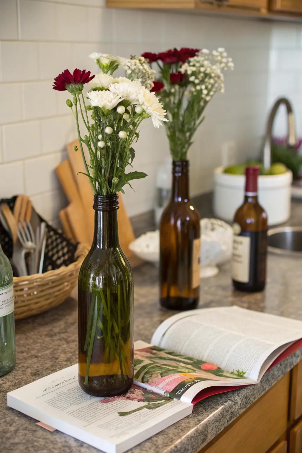Repurposed wine bottles function as whimsical vases.