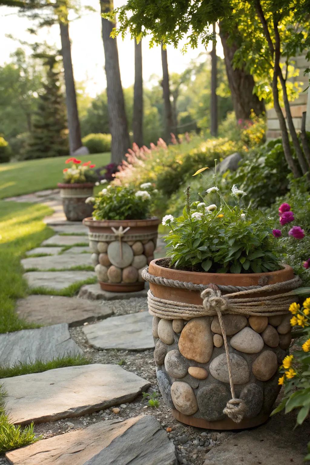 Blend in natural elements for a grounded flower pot design.