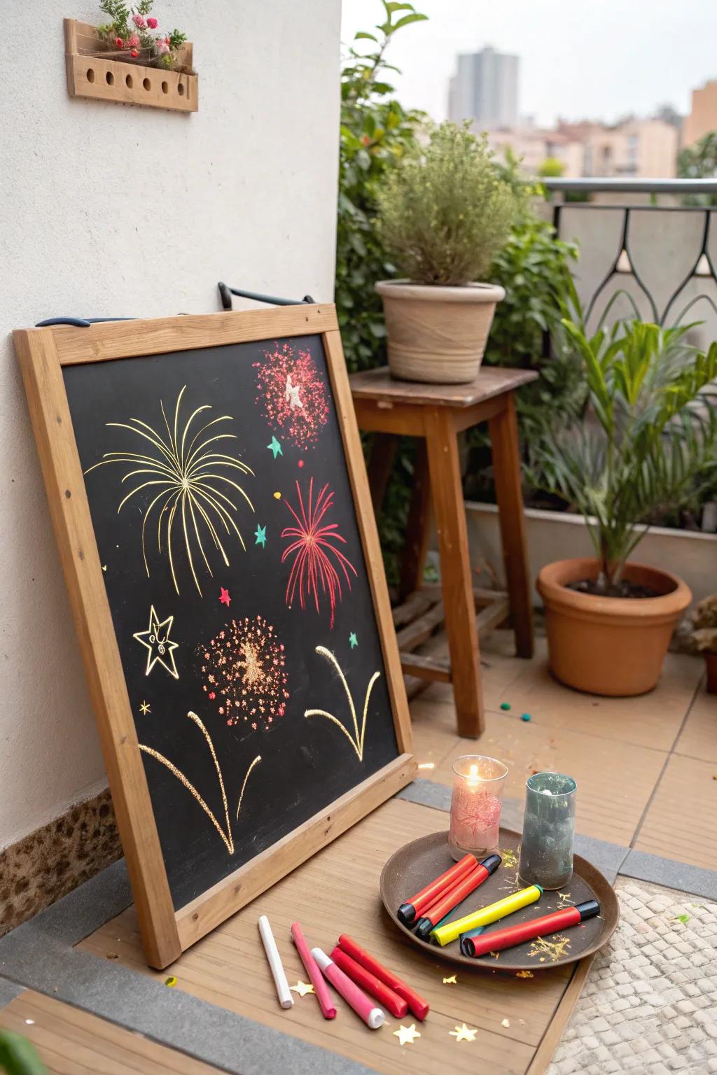 Crackers and sparkles inject whimsy into this chalkboard artistry.