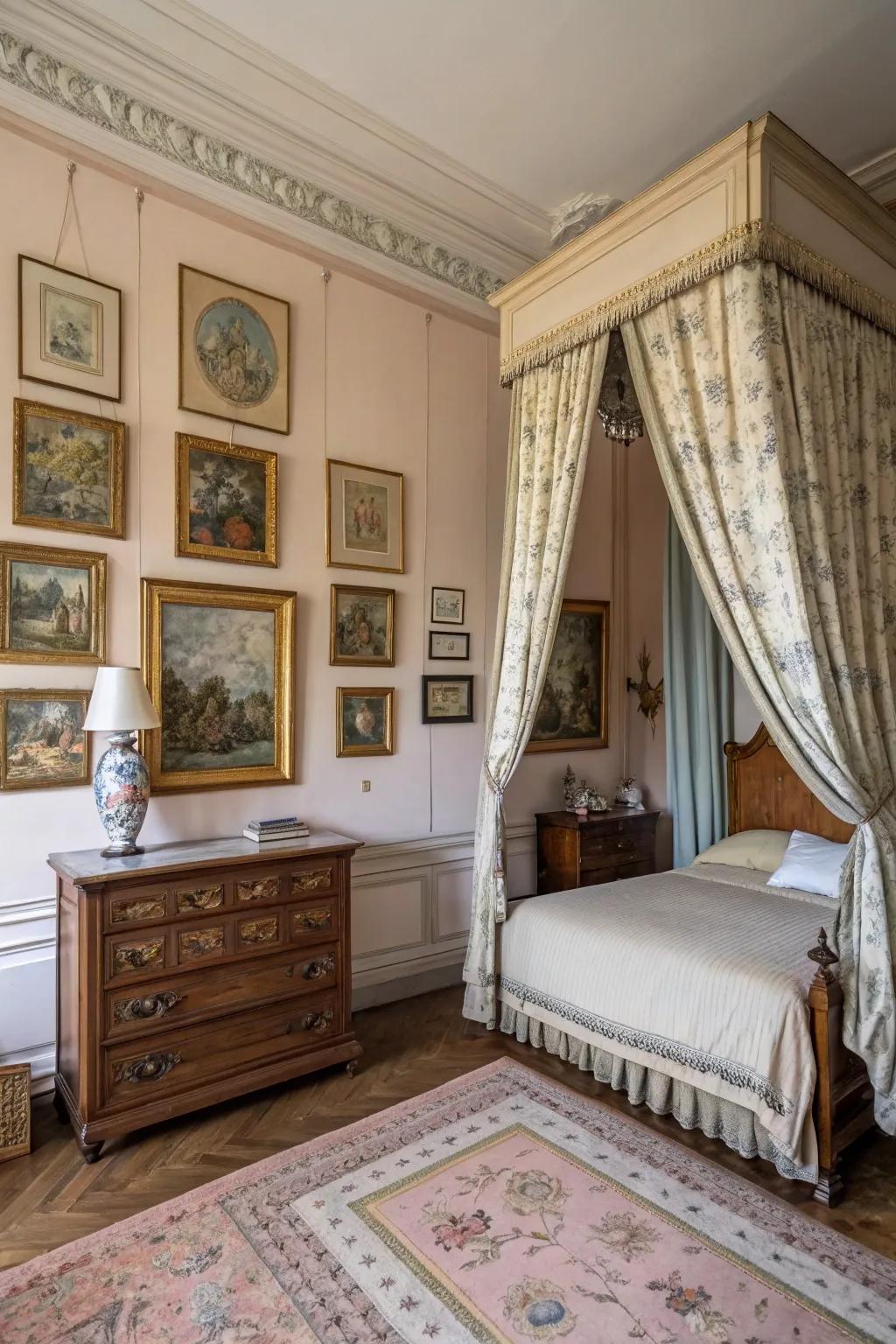 Timeless artwork enriches the persona of this French boudoir.