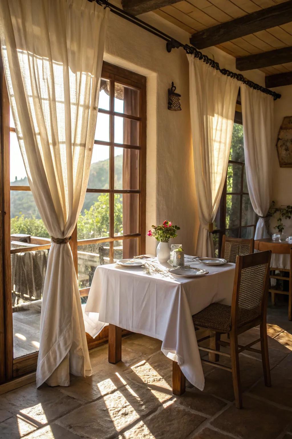 Linen curtains and a cotton tablecloth adding elegance to a dining area.