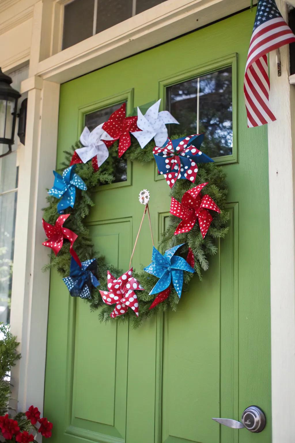 A playful wreath with spinning pinwheels.