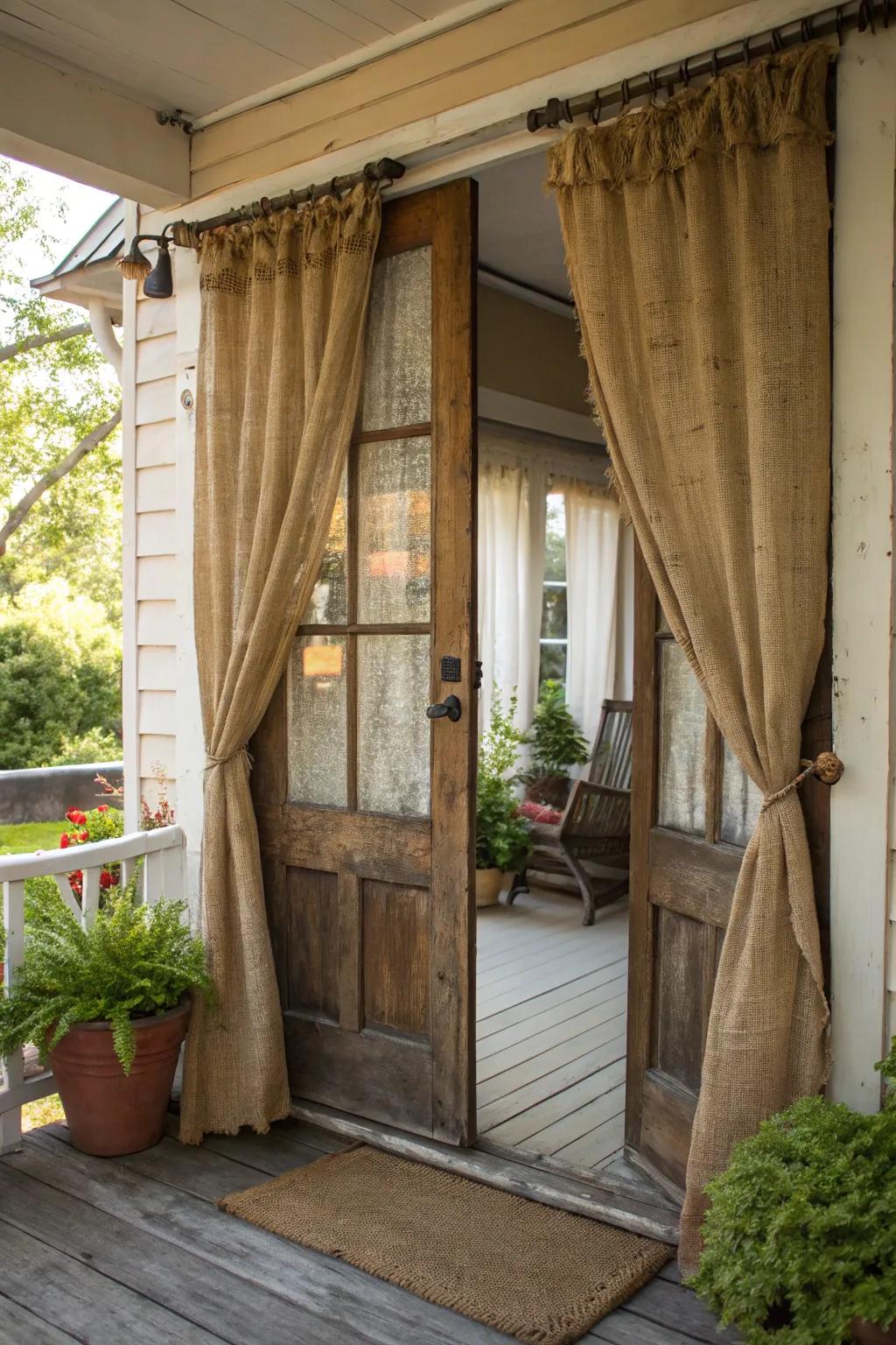 Country curtains incorporating a comfortable touch to the entrance.