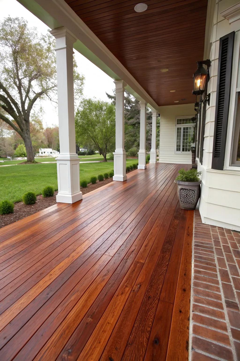 Redwood features inherent beauty and resilience for porch flooring.