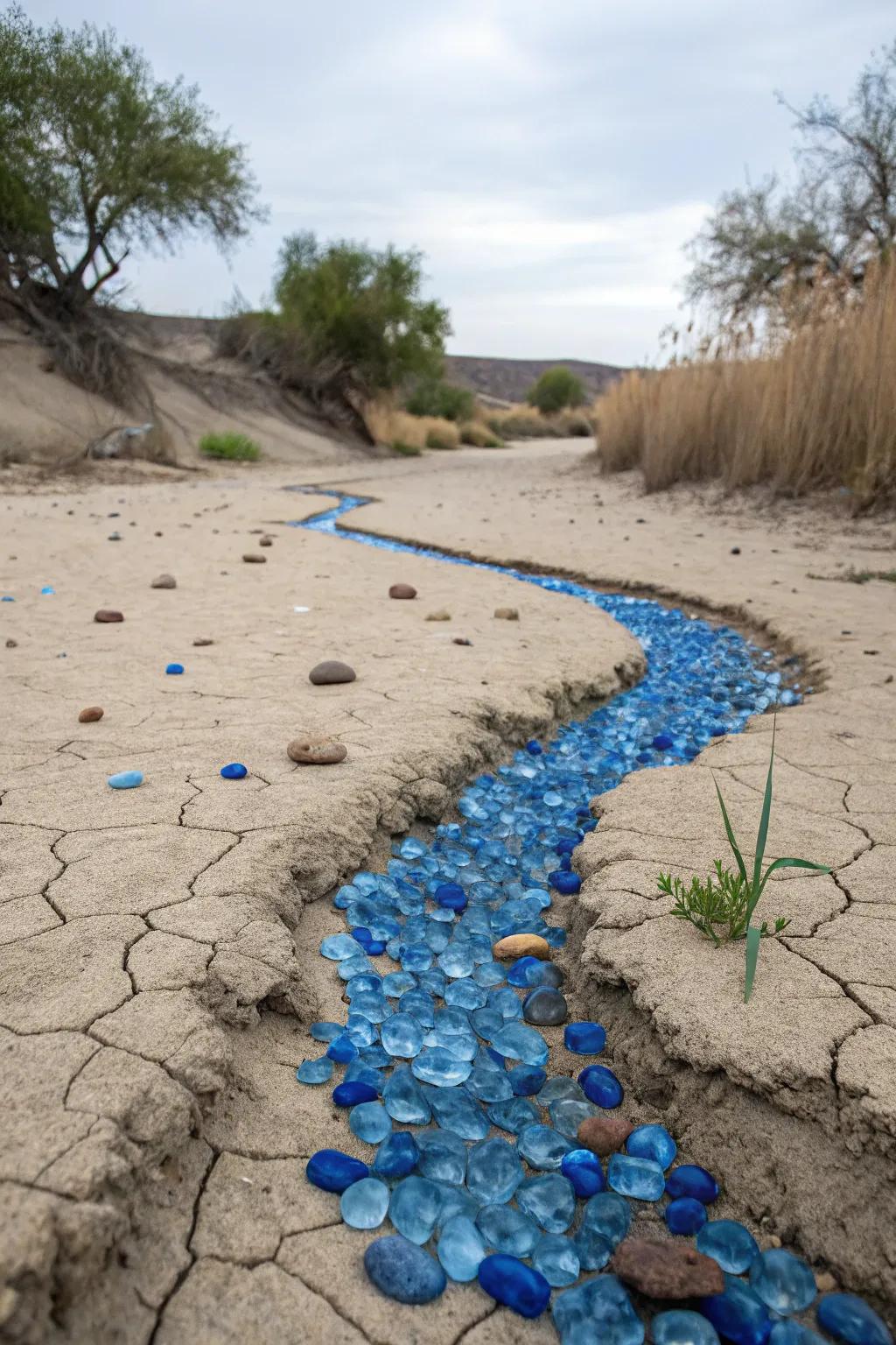 Azure glass shards replicate the semblance of trickling water within your dry creek bed.