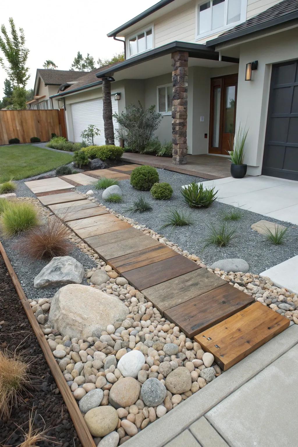 Varied surface textures with gravel, timber, and stone enrich contemporary landscapes.