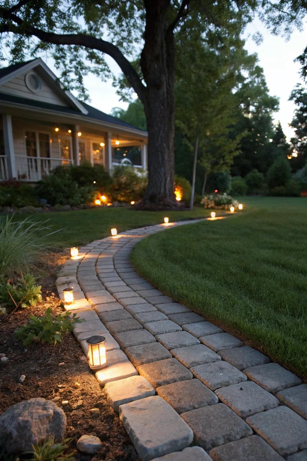 Integrated path lighting casts a cozy glow over your yard.