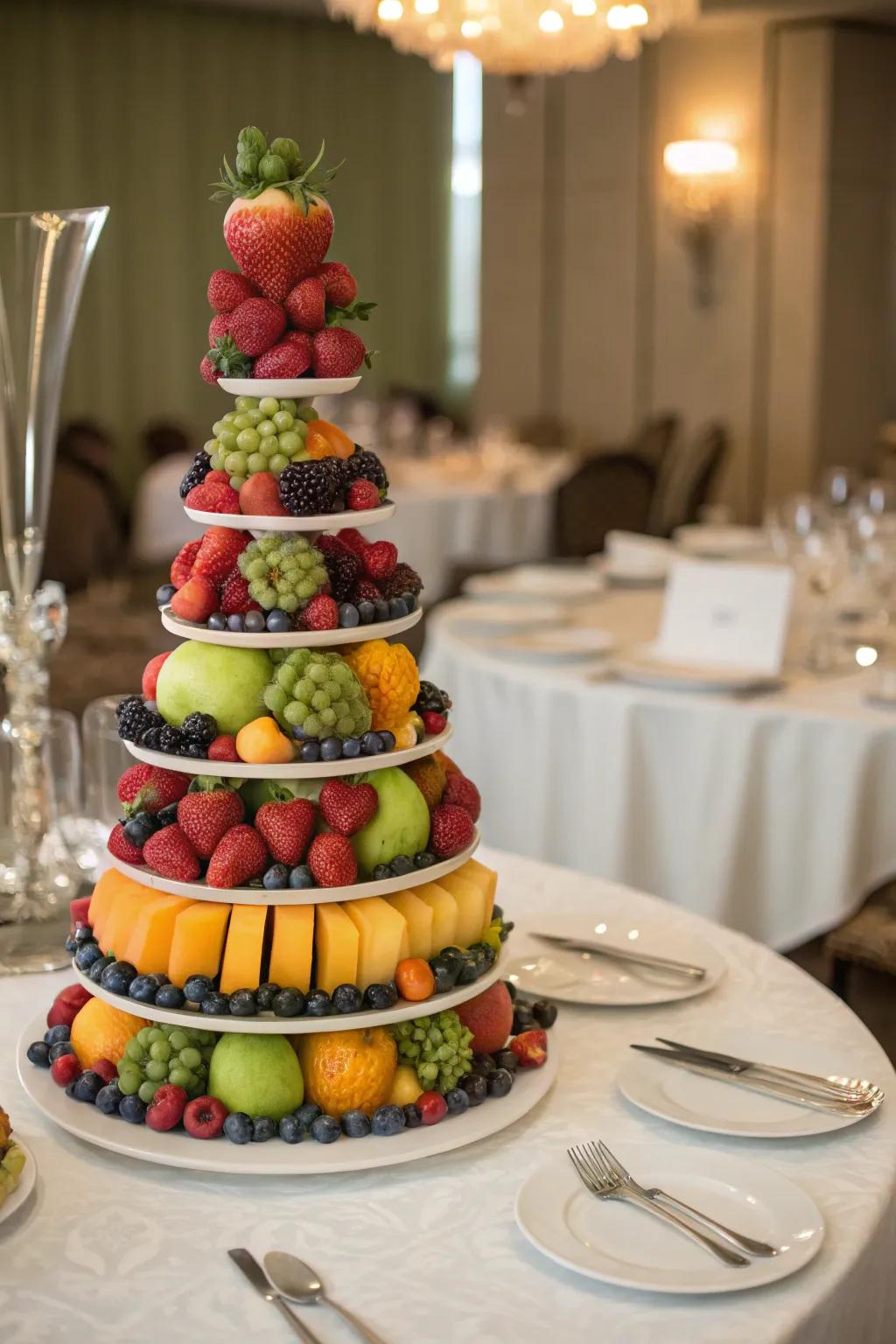 Fruit obelisks deliver a sensation of class and height to the dining space.