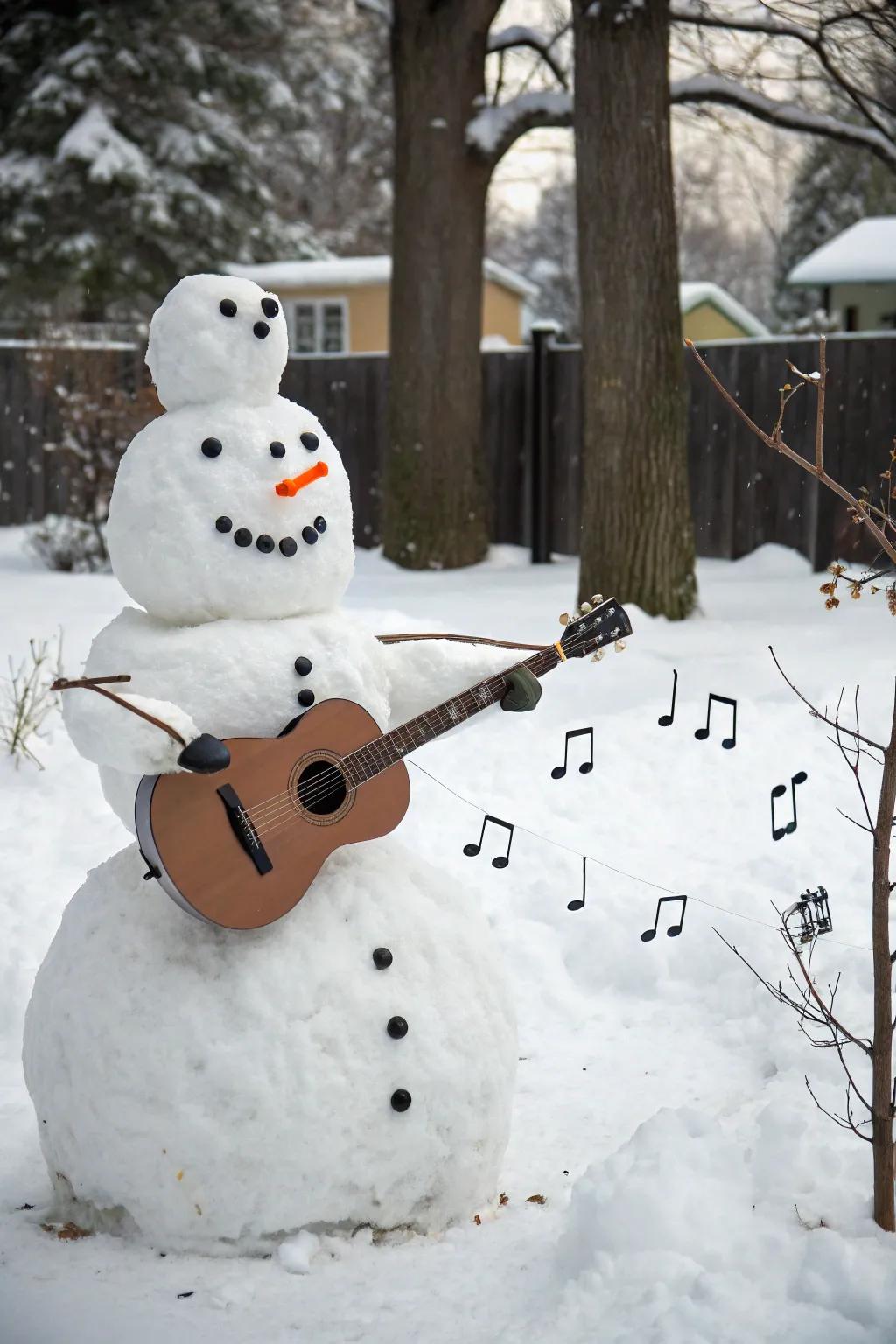A snow-figure rocking out to winter melodies.