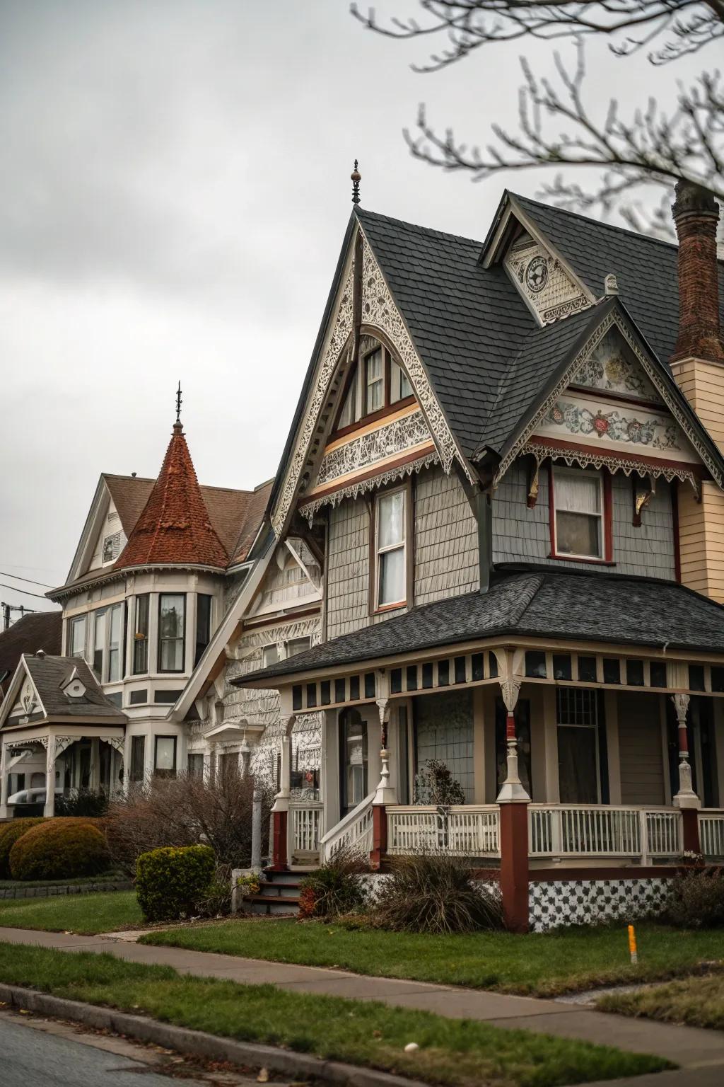 Asymmetrical gable designs introduce distinctive appeal.