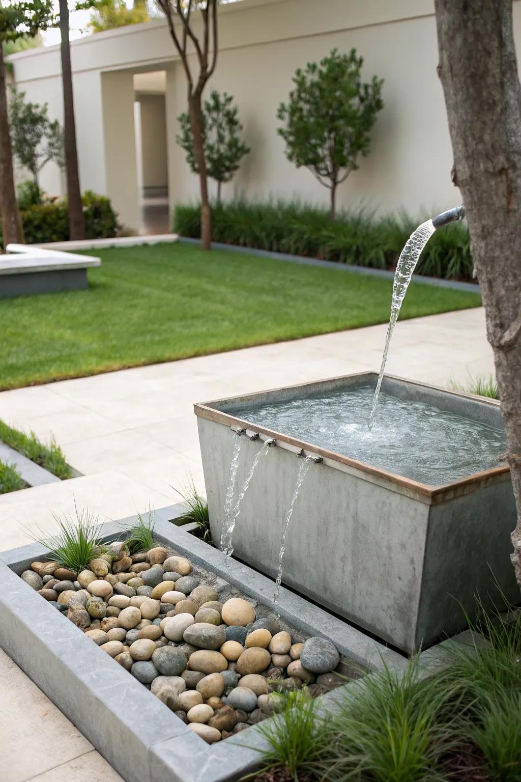 A modern cascade metamorphoses a galvanized trough into a minimalist fountain.