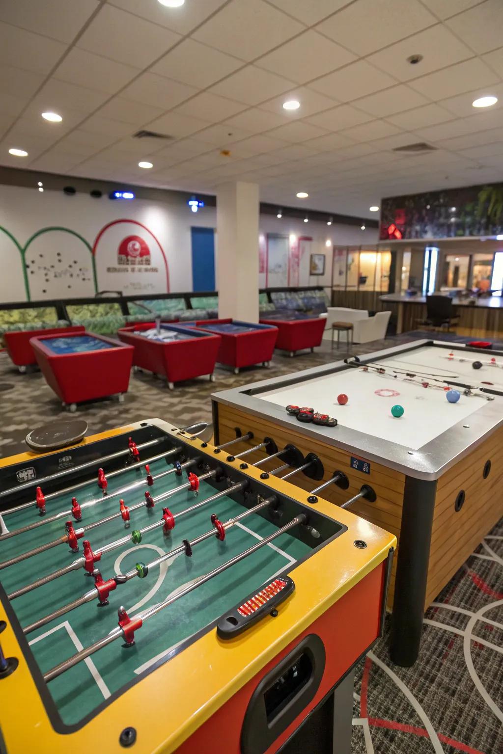 Communal games like foosball and air hockey inject vibrancy into the area.