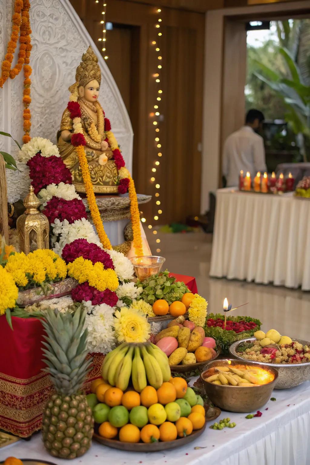 A spectacle for the eyes featuring radiant fruits and flowers embellishing the Ganesh Chaturthi altar.